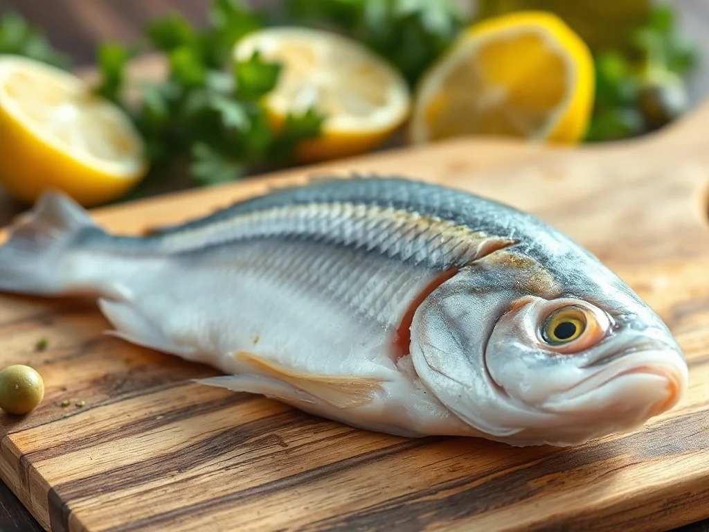 Surowy filet z tilapii na drewnianej desce w otoczeniu świeżych ziół i cytryny, gotowy do przygotowania potrawy.