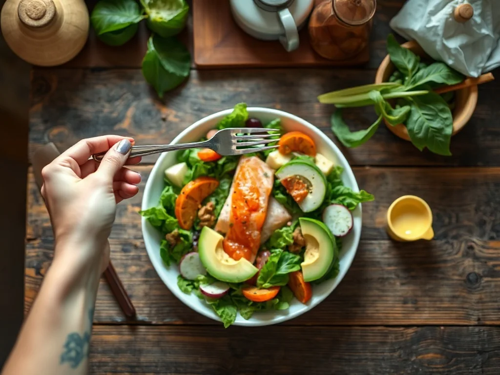 Osoba jedząca zdrową sałatkę z łososiem i awokado na drewnianym stole, ilustrująca zasady diety low carb.