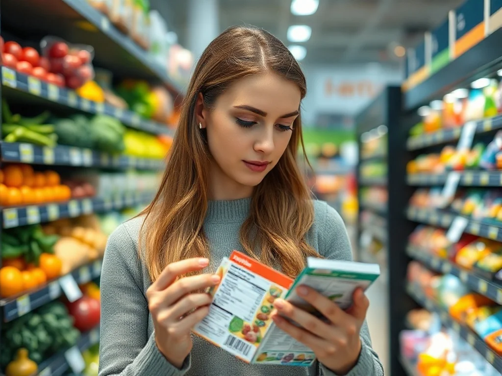 Kobieta w supermarkecie analizująca etykietę wartości odżywczych na opakowaniu produktu spożywczego.