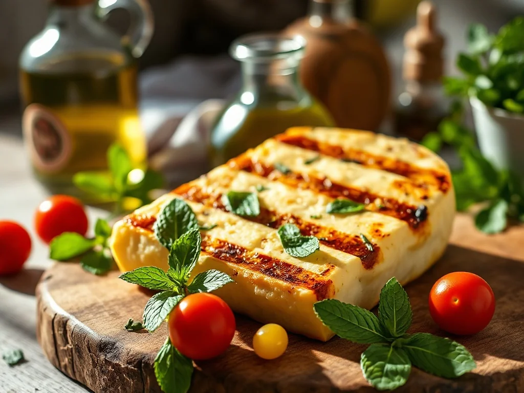 Złocisty grillowany ser halloumi z miętą i pomidorkami koktajlowymi na drewnianym talerzu w śródziemnomorskim stylu.