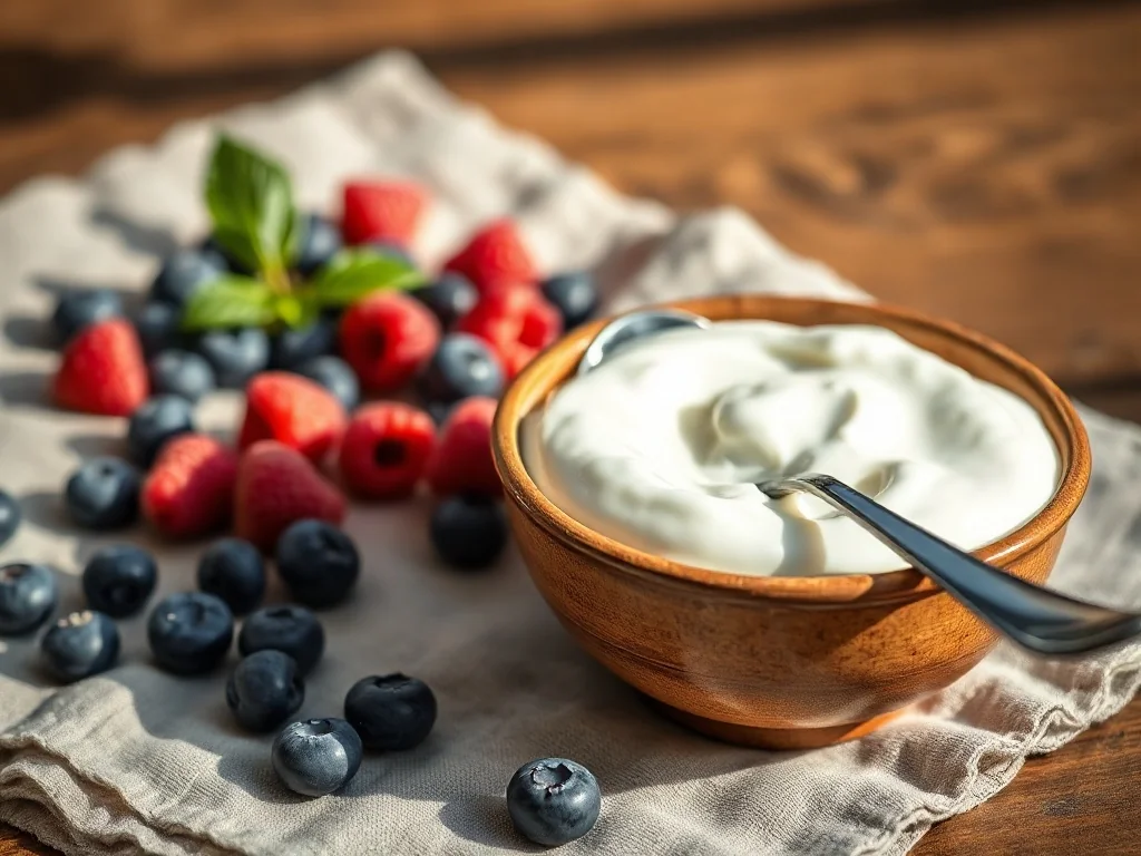 Kremowy skyr w ceramicznej miseczce z owocami jagodowymi na drewnianym stole. Zdrowa i pożywna przekąska w porannym świetle.