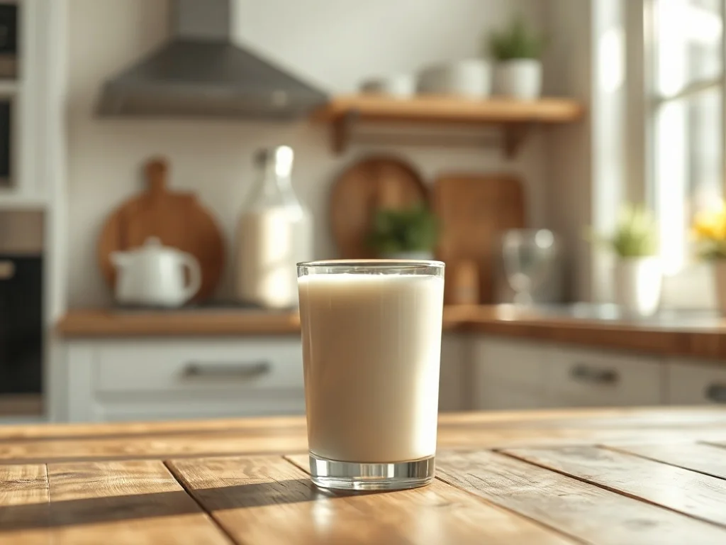 Szklanka świeżego mleka na drewnianym stole w jasnej, nowoczesnej kuchni. Obraz podkreśla naturalność i świeżość produktu.