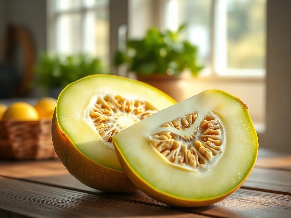 Przekrojony melon galia z soczystym, jasnozielonym miąższem na rustykalnym drewnianym stole w promieniach porannego słońca.